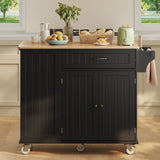 Noelse Kitchen Island with Storage, Rolling Kitchen Island Cart on Wheels with Widen Drop Leaf Rubberwood Top, Large Mobile Kitchen Islands with Trash Can Storage and Towel Bar, Black