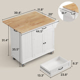 Noelse Kitchen Island with Storage, Rolling Island Table on Wheels with Cart Drop Leaf and Trash Can Storage, Portable Islands Table for Dining Room, Living Room, White