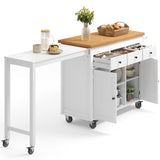 Asofer Kitchen Island Cart on Wheels with Extendable Table for 2, Storage Cabinet & 2 Open Shelves, Island Table for Kitchen with 3 Drawers, White