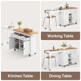 Asofer Kitchen Island Cart on Wheels with Extendable Table for 2, Storage Cabinet & 2 Open Shelves, Island Table for Kitchen with 3 Drawers, White