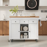 Asofer Kitchen Island Cart on Wheels with Extendable Table for 2, Storage Cabinet & 2 Open Shelves, Island Table for Kitchen with 3 Drawers, White