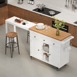 Asofer Kitchen Island Cart on Wheels with Extendable Table for 2, Storage Cabinet & 2 Open Shelves, Island Table for Kitchen with 3 Drawers, White