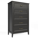 Farmhouse Dresser for Bedroom, Tall Wood Dresser with 5 Drawer, Chest of Drawers with Metal Handle for Living Room, Hallway, Closet - Black