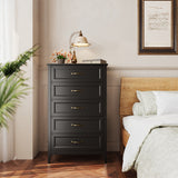 Farmhouse Dresser for Bedroom, Tall Wood Dresser with 5 Drawer, Chest of Drawers with Metal Handle for Living Room, Hallway, Closet - Black