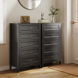 Farmhouse Dresser for Bedroom, Tall Wood Dresser with 5 Drawer, Chest of Drawers with Metal Handle for Living Room, Hallway, Closet - Black