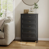 Farmhouse Dresser for Bedroom, Tall Wood Dresser with 5 Drawer, Chest of Drawers with Metal Handle for Living Room, Hallway, Closet - Black