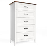 Farmhouse Dresser for Bedroom, Tall Wood Dresser with 5 Drawer, Chest of Drawers with Metal Handle for Living Room, Hallway, Closet - Retro Desktop