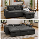 Noelse 87" Convertible Sofa Bed, Queen Size Sleeper with Pull Out Couch, 3 in 1 Sectional Sleeper Sofa with Side Pockets, Storage Armrest, Adjustable Backrest for Living Room, Dark Grey