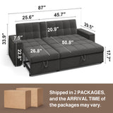 Noelse 87" Convertible Sofa Bed, Queen Size Sleeper with Pull Out Couch, 3 in 1 Sectional Sleeper Sofa with Side Pockets, Storage Armrest, Adjustable Backrest for Living Room, Dark Grey