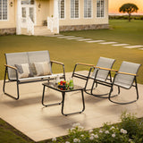 Outdoor Bisto Set, Asofer 4 Pieces Patio Furniture Set Including A Loveseat, Rocking Chairs Set of 2 with A Glass Table for Balcony, Porch, Lawn, Black