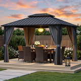 Noelse 10x12ft Hardtop Gazebo, Heavy Duty Aluminum Frame Permanent Pavilion with Double Galvanized Steel Roof, Curtains and Netting for Patio Backyard Garden, Gray