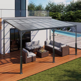 10x14FT Outdoor Lean Metal Gazebo, Asofer Hardtop Wall Mounted Gazebo with Metal Sloping Roof, for Backyard, Deck, Patio,Porch