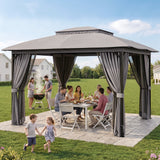 12' x 10' Outdoor Patio Gazebo, Heavy-Duty Steel Frame Canopy with Double Roof, Waterproof Pavilion Tent with Privacy Curtains & Mosquito Netting for Backyard, Deck, Lawn, Gray