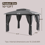 12' x 10' Outdoor Patio Gazebo, Heavy-Duty Steel Frame Canopy with Double Roof, Waterproof Pavilion Tent with Privacy Curtains & Mosquito Netting for Backyard, Deck, Lawn, Gray