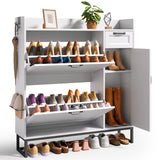 Asofer Shoe Cabinet with 2 Adjustable Flip Drawers & Side Cabinet, Open Top Shelvf and Side Hook for Entryway/Hallway/Closet, White