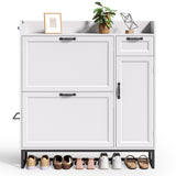 Asofer Shoe Cabinet with 2 Adjustable Flip Drawers & Side Cabinet, Open Top Shelvf and Side Hook for Entryway/Hallway/Closet, White