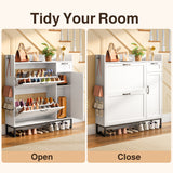 Asofer Shoe Cabinet with 2 Adjustable Flip Drawers & Side Cabinet, Open Top Shelvf and Side Hook for Entryway/Hallway/Closet, White