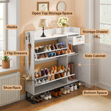 Asofer Shoe Cabinet with 2 Adjustable Flip Drawers & Side Cabinet, Open Top Shelvf and Side Hook for Entryway/Hallway/Closet, White