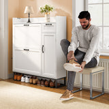 Asofer Shoe Cabinet with 2 Adjustable Flip Drawers & Side Cabinet, Open Top Shelvf and Side Hook for Entryway/Hallway/Closet, White