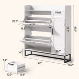 Asofer Shoe Cabinet with 2 Adjustable Flip Drawers & Side Cabinet, Open Top Shelvf and Side Hook for Entryway/Hallway/Closet, White