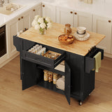 Asofer Kitchen Island Cart on Wheels with Storage, Rolling Kitchen Island with Drop Leaf, Spice Rack & Towel Rack, Black