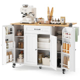 Asofer Kitchen Island Cart on Wheels with Storage, Rolling Kitchen Island with Drop Leaf, Spice Rack & Towel Rack, White