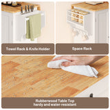 Asofer Kitchen Island Cart on Wheels with Storage, Rolling Kitchen Island with Drop Leaf, Spice Rack & Towel Rack, White