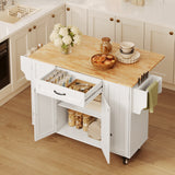 Asofer Kitchen Island Cart on Wheels with Storage, Rolling Kitchen Island with Drop Leaf, Spice Rack & Towel Rack, White