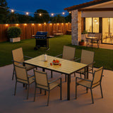 Noelse 7 Piece Patio Dining Set with Umbrella Hole, Rust-Resistant Steel Frame, 6 Stackable Textilene Chairs for Backyard, Brown