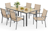 Noelse 7 Piece Patio Dining Set with Umbrella Hole, Rust-Resistant Steel Frame, 6 Stackable Textilene Chairs for Backyard, Brown