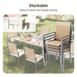 Noelse 7 Piece Patio Dining Set with Umbrella Hole, Outdoor Dining Table and 6 Stackable Textilene Chairs, Rust-Resistant Steel Frame Patio Furniture Set for Backyard, Deck, Garden, Brown