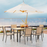 Noelse 7 Piece Patio Dining Set with Umbrella Hole, Rust-Resistant Steel Frame, 6 Stackable Textilene Chairs for Backyard, Brown