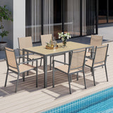Noelse 7 Piece Patio Dining Set with Umbrella Hole, Rust-Resistant Steel Frame, 6 Stackable Textilene Chairs for Backyard, Brown
