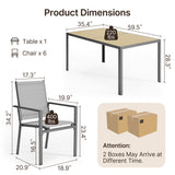 Asofer 7 Pieces Outdoor Patio Dining Set, 1 Rectangle Steel Square Table & 6  Stackable Textilene Chairs, Gray