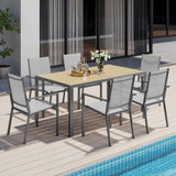 Noelse Patio Dining Set, 7 Pieces Outdoor Furniture Table and 6 Stackable Textilene Chairs, Brown