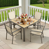 5 Piece Patio Table and Chairs, Noelse Outdoor Dining Set for 4, Square Metal Table and Stackable Textilene Chairs with Detachable Umbrella Hole for Garden Backyard, Brown