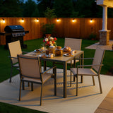 5 Piece Patio Table and Chairs, Noelse Outdoor Dining Set for 4, Square Metal Table and Stackable Textilene Chairs with Detachable Umbrella Hole for Garden Backyard, Brown