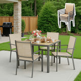 5 Piece Patio Table and Chairs, Noelse Outdoor Dining Set for 4, Square Metal Table and Stackable Textilene Chairs with Detachable Umbrella Hole for Garden Backyard, Brown