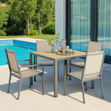 5 Piece Patio Table and Chairs, Noelse Outdoor Dining Set for 4, Square Metal Table and Stackable Textilene Chairs with Detachable Umbrella Hole for Garden Backyard, Brown
