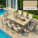 5 Piece Patio Table and Chairs, Noelse Outdoor Dining Set for 4, Square Metal Table and Stackable Textilene Chairs with Detachable Umbrella Hole for Garden Backyard, Brown