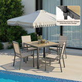 5 Piece Patio Table and Chairs, Noelse Outdoor Dining Set for 4, Square Metal Table and Stackable Textilene Chairs with Detachable Umbrella Hole for Garden Backyard, Brown