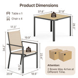 5 Piece Patio Table and Chairs, Noelse Outdoor Dining Set for 4, Square Metal Table and Stackable Textilene Chairs with Detachable Umbrella Hole for Garden Backyard, Brown