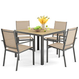 5 Piece Patio Table and Chairs, Noelse Outdoor Dining Set for 4, Square Metal Table and Stackable Textilene Chairs with Detachable Umbrella Hole for Garden Backyard, Brown
