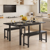 63" Extendable Dining Table Set with 2 Benches, Noelse 3 Piece Space-Saving Kitchen Dining Table for 2–6, Modern Wood Dining Room Set, Black