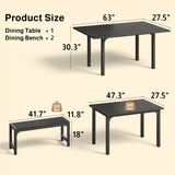 Noelse Extendable Dining Table Set with Benches, 63" Space Saving Kitchen Dining Table for 2–6 People, Modern Wood 3-Piece Dining Room Set, Black