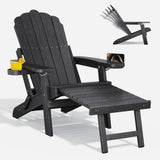 Folding Adirondack Chair with Retractable Ottoman, HIPS All-Weather Patio Chairs with Cup Holder,  for Patio Garden Backyard Lawn Outdoors Fire Pit - Black