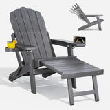Folding Adirondack Chair Set of 2 with Retractable Ottoman, HIPS All-Weather Patio Chairs with Cup Holder,  for Patio Garden Backyard Lawn Outdoors Fire Pit - Gray
