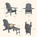 Folding Adirondack Chair Set of 2 with Retractable Ottoman, HIPS All-Weather Patio Chairs with Cup Holder,  for Patio Garden Backyard Lawn Outdoors Fire Pit - Gray