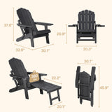 Folding Adirondack Chair with Retractable Ottoman, HIPS All-Weather Patio Chairs with Cup Holder,  for Patio Garden Backyard Lawn Outdoors Fire Pit - Black
