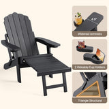 Folding Adirondack Chair with Retractable Ottoman, HIPS All-Weather Patio Chairs with Cup Holder,  for Patio Garden Backyard Lawn Outdoors Fire Pit - Black
